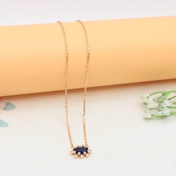 Rose Gold Necklace with Blue Stone Center & Adjustable Chain, XPNL0401 - Picture 7 of 12
